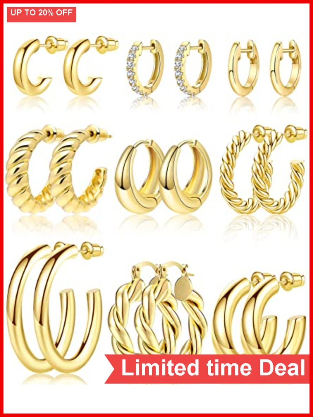 9 Pairs Gold Plated Hoop Earrings Set for Women Girls Lightweight Hypoallergenic